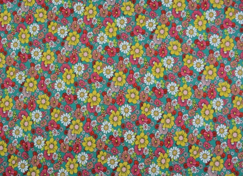 Dzianina Wiskozowa Zielona w Kolorowe Kwiaty