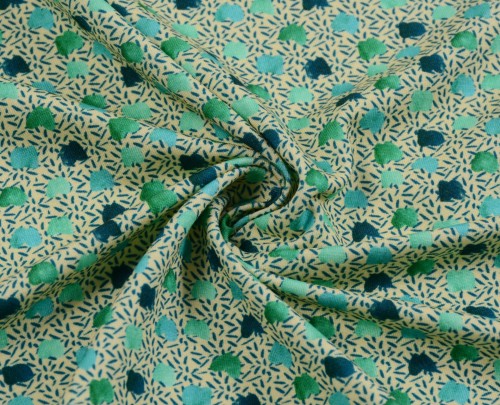 Dzianina Wiskozowa Zielone Koła na Kremowym Tle