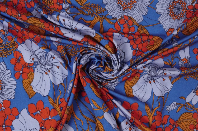 Dzianina Wiskozowa z Elastanem w Różnokolorowy Kwiatowy Wzór