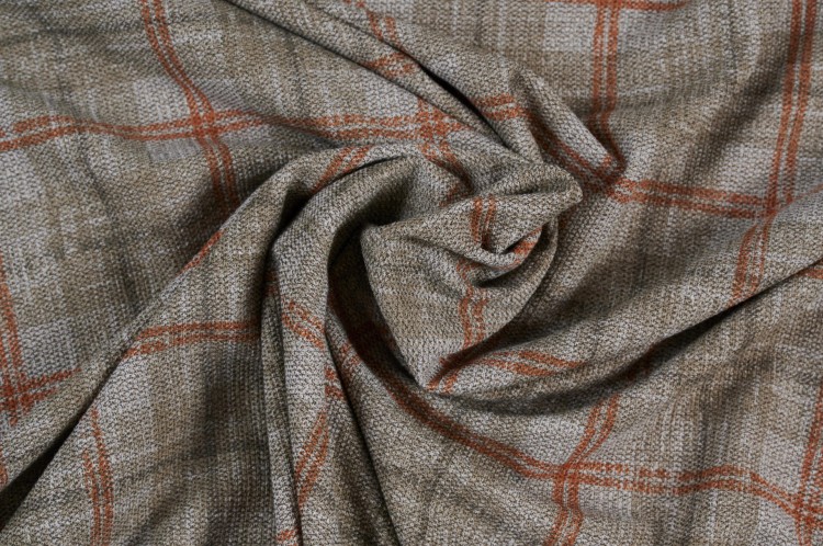 Dzianina Poliestrowa w Szaro-Beżową Kratę z Rudym Akcentem