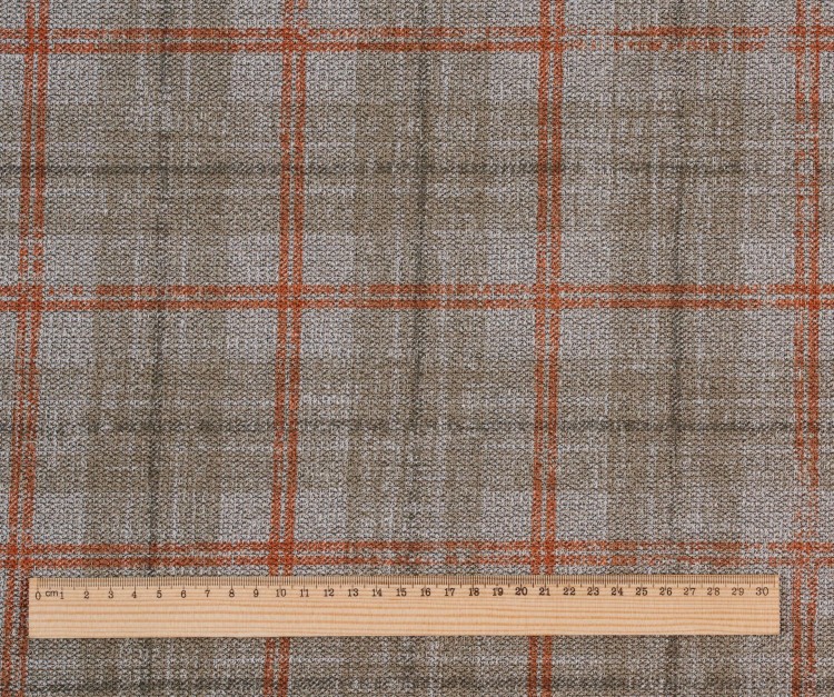 Dzianina Poliestrowa w Szaro-Beżową Kratę z Rudym Akcentem