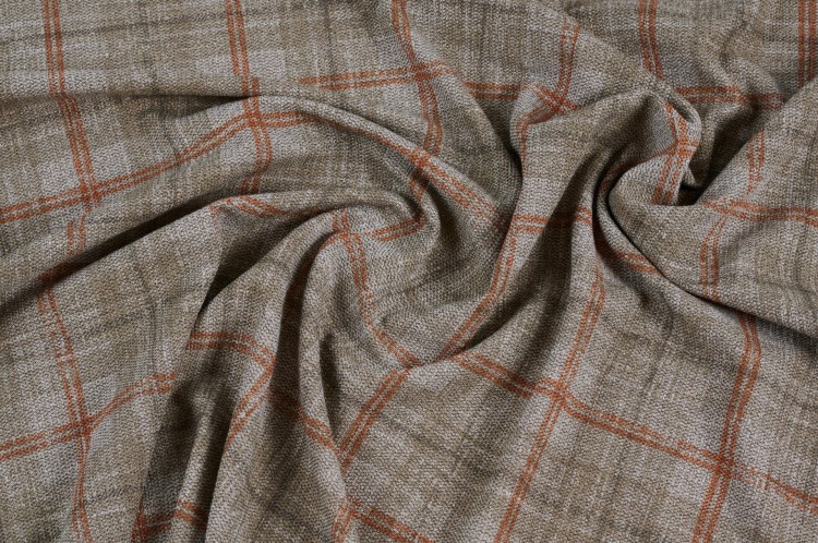 Dzianina Poliestrowa w Szaro-Beżową Kratę z Rudym Akcentem