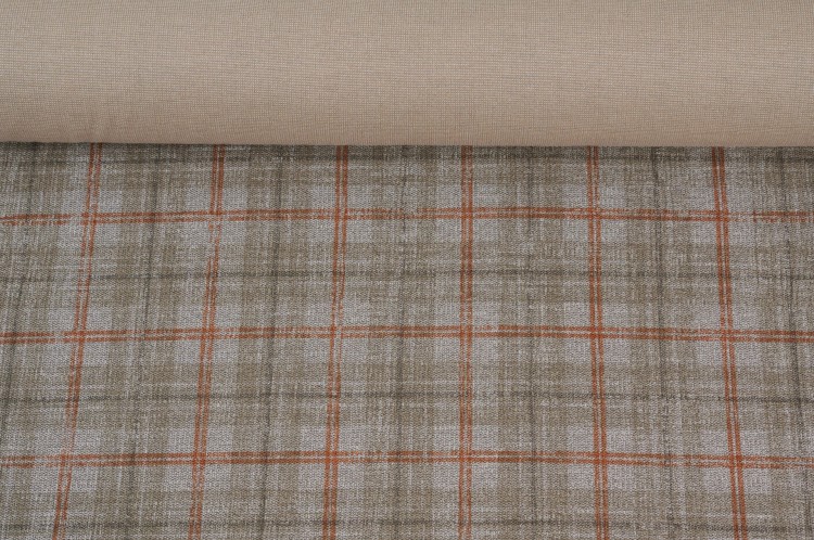 Dzianina Poliestrowa w Szaro-Beżową Kratę z Rudym Akcentem