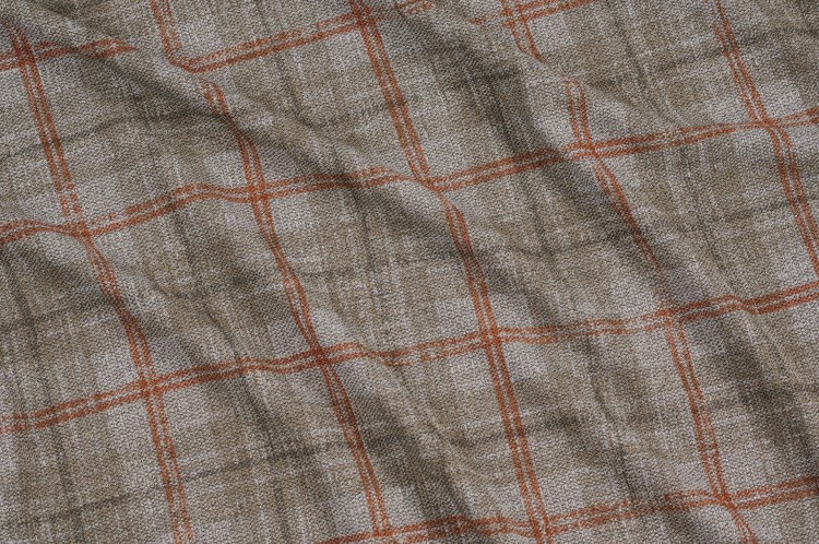 Dzianina Poliestrowa w Szaro-Beżową Kratę z Rudym Akcentem