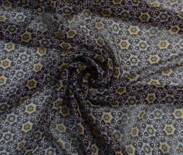 Szyfon Jedwabny Żółto-Brązowy Kwiatowy Wzór