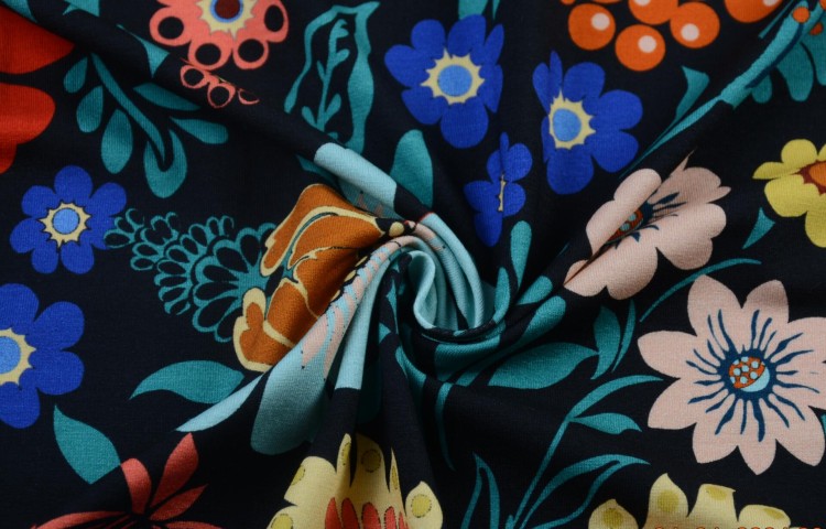 Dzianina Wiskozowa Czarna Kolorowe Kwiaty