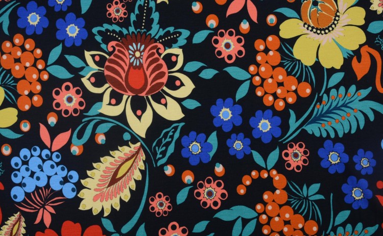 Dzianina Wiskozowa Czarna Kolorowe Kwiaty