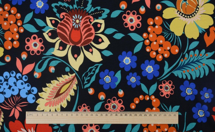 Dzianina Wiskozowa Czarna Kolorowe Kwiaty