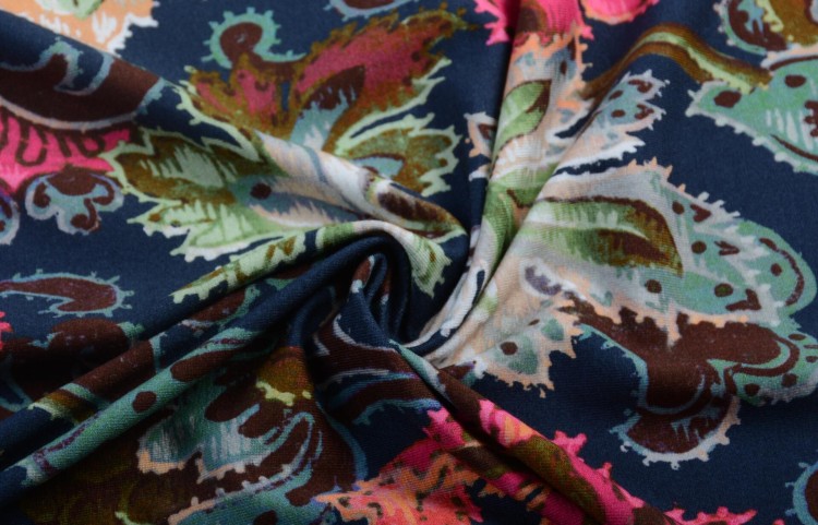 Dzianina Wiskozowa Ciemny Granat Kolorowe Kwiaty