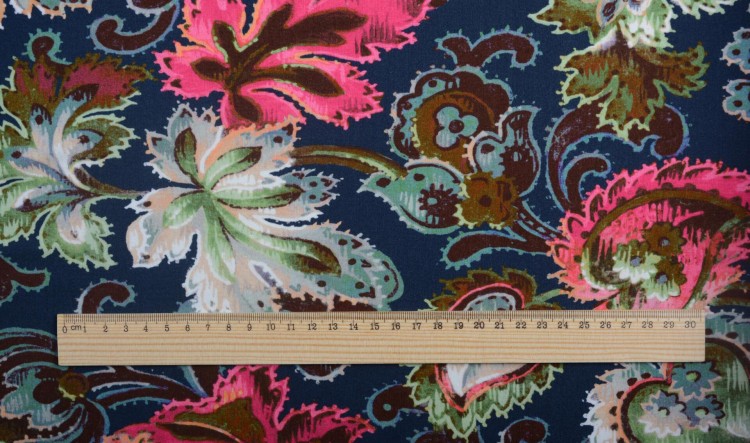 Dzianina Wiskozowa Ciemny Granat Kolorowe Kwiaty