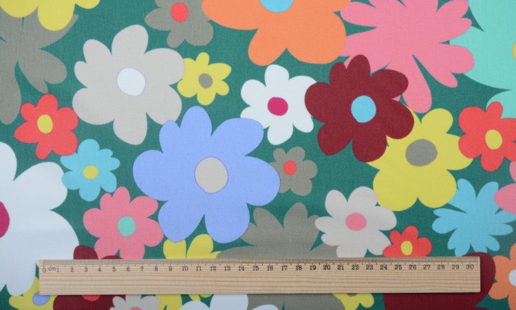 Dzianina Wiskozowa Ciemnozielona Kolorowe Kwiaty