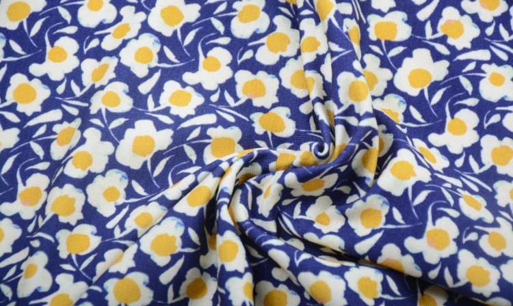 Dzianina Wiskozowa Niebieska Biało-Żółte Kwiaty