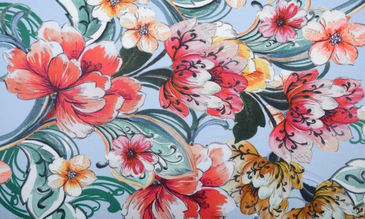 Dzianina Wiskozowa Jasnoniebieska Kolorowe Kwiaty