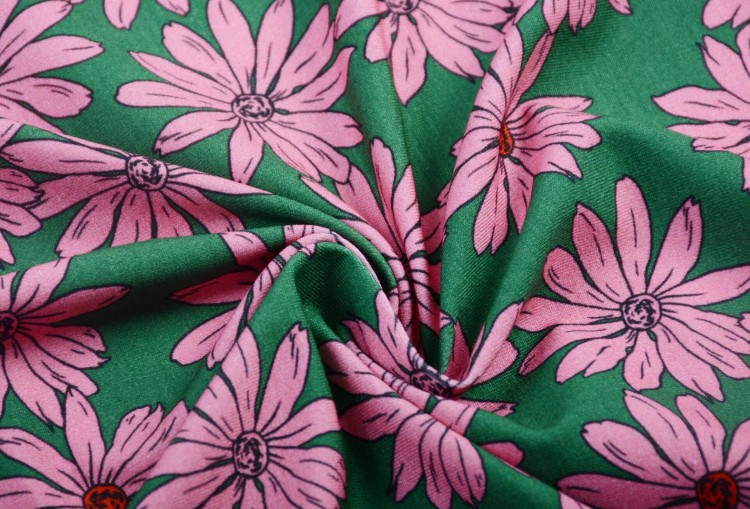 Dzianina Bawełniana Zielona Różowe Kwiaty