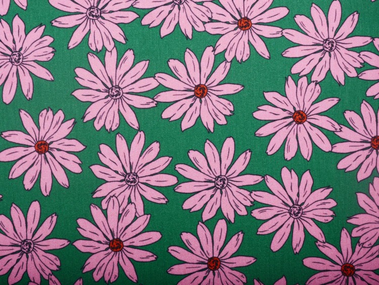 Dzianina Bawełniana Zielona Różowe Kwiaty