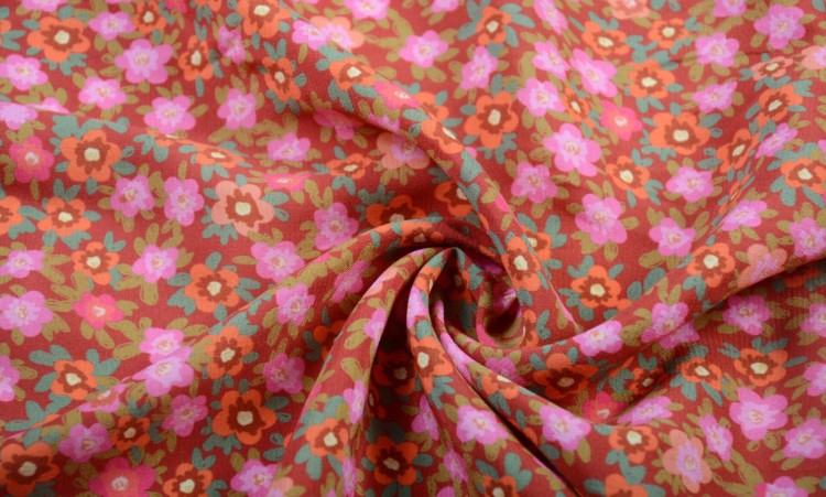Tkanina Wiskozowa Brązowa Pomarańczowe i Różowe Kwiaty