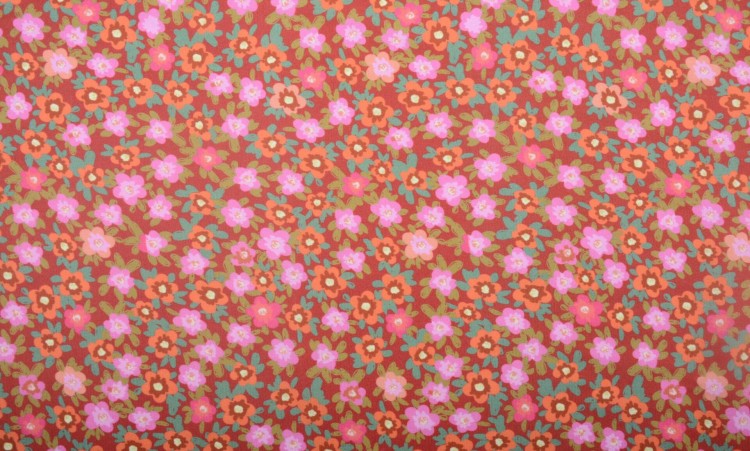 Tkanina Wiskozowa Brązowa Pomarańczowe i Różowe Kwiaty