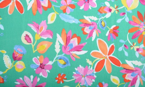 Dzianina Wiskozowa Zielona Pomarańczowe i Różowe Kwiaty