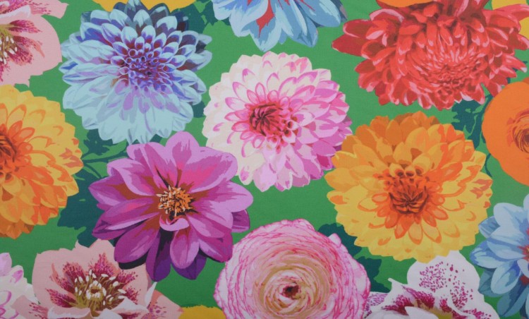 Tkanina Bawełniana Zielona Kolorowe Kwiaty