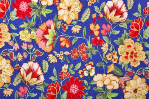 Tkanina Wiskozowa Niebieska Żółte i Czerwone Kwiaty