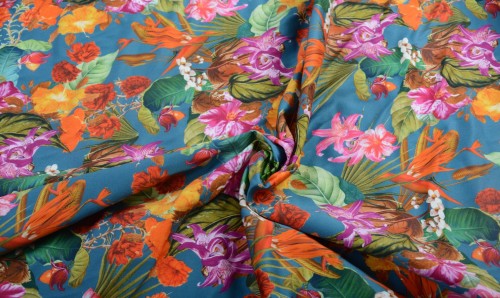 Tkanina Bawełniana Niebieska Kolorowe Kwiaty