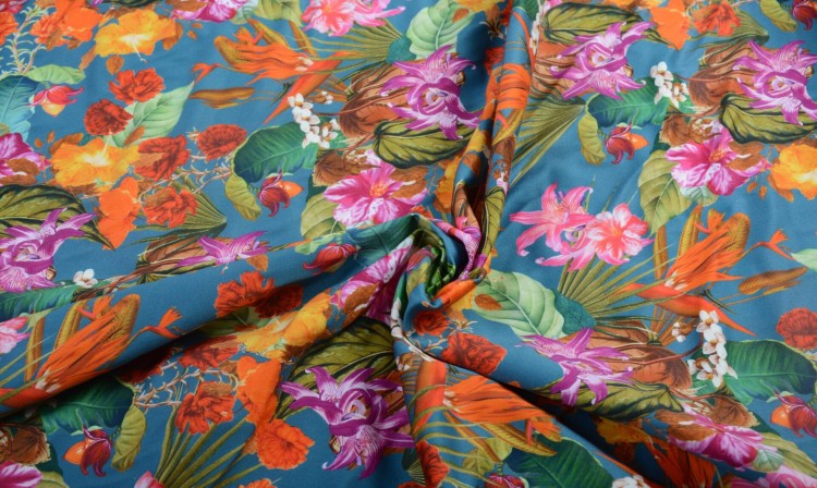 Tkanina Bawełniana Niebieska Kolorowe Kwiaty