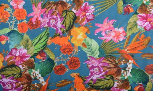 Tkanina Bawełniana Niebieska Kolorowe Kwiaty