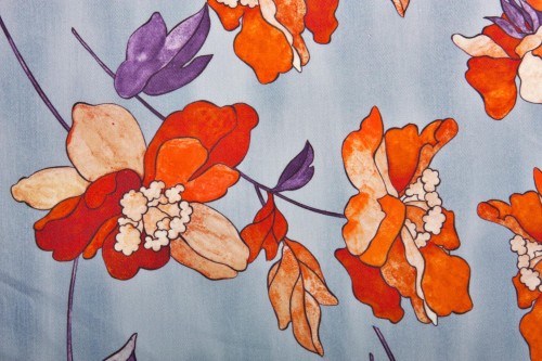 Tkanina Bawełniana Niebieska Pomarańczowe i Czerwone Kwiaty