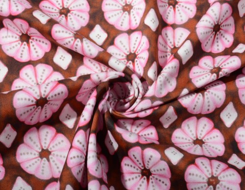 Tkanina Bawełniana Różowe Kwiaty na Brązowym Tle