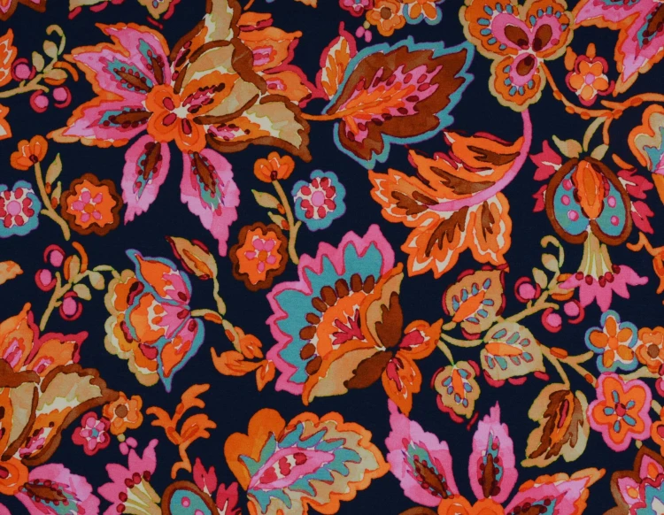 Dzianina Wiskozowa Kolorowe Kwiaty na Czarnym Tle