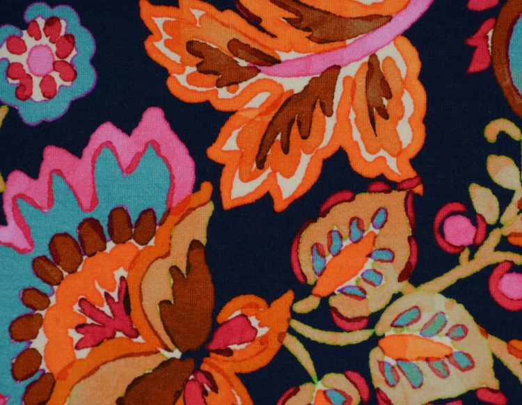 Dzianina Wiskozowa Kolorowe Kwiaty na Czarnym Tle