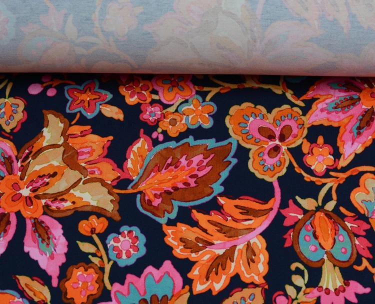 Dzianina Wiskozowa Kolorowe Kwiaty na Czarnym Tle