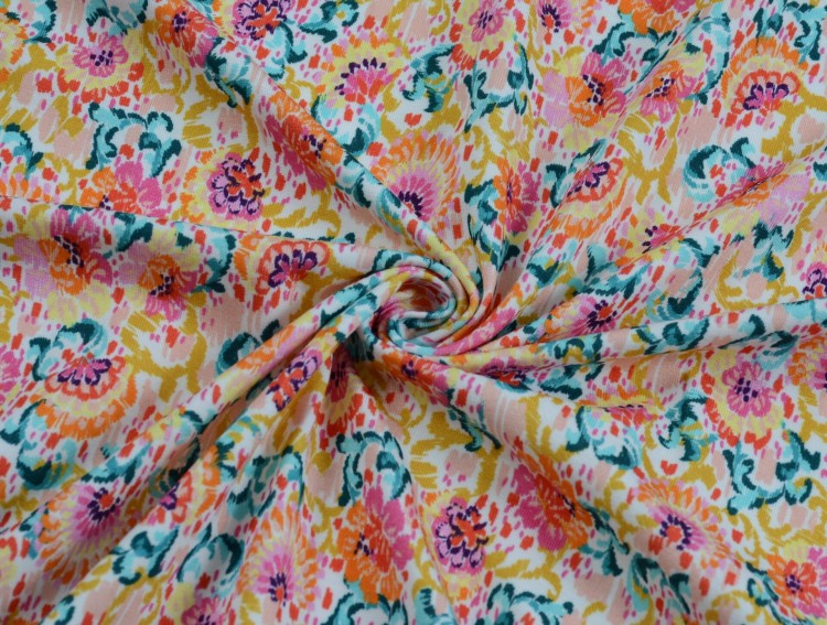 Dzianina Wiskozowa Kwiatowy Wzór w Jasnych Kolorach