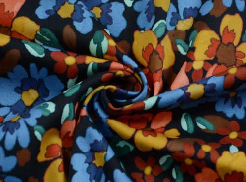 Tkanina Bawełniana Kolorowe Kwiaty na Klasycznym Czarnym Tle