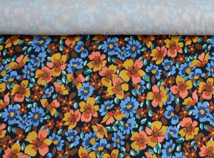 Tkanina Bawełniana Kolorowe Kwiaty na Klasycznym Czarnym Tle