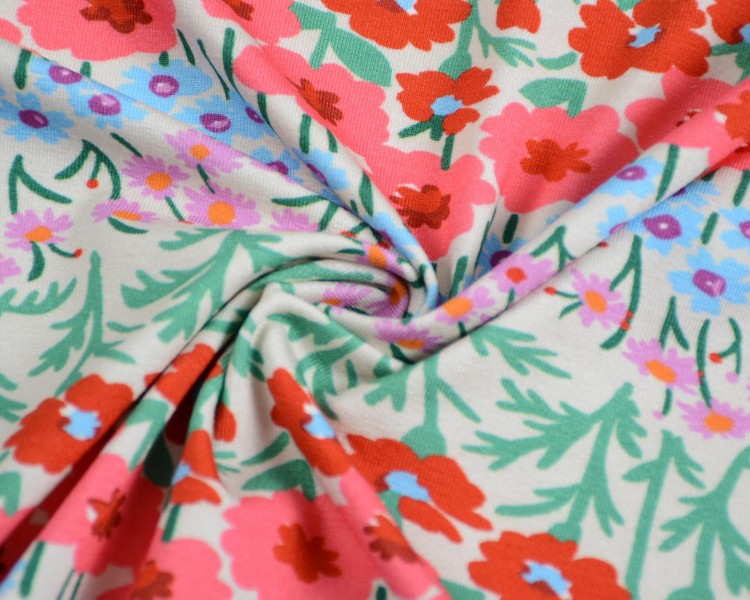 Dzianina Wiskozowa Kolorowe Kwiaty Układające Się w Pasy