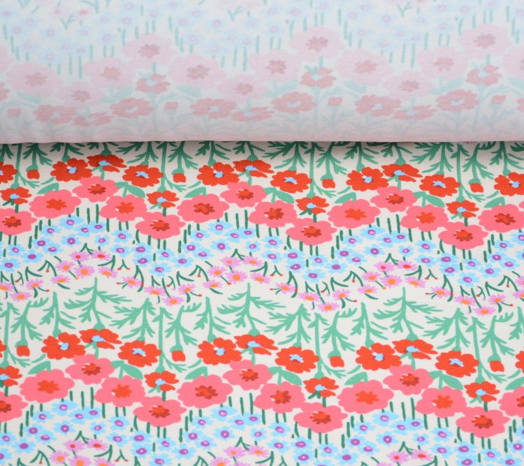 Dzianina Wiskozowa Kolorowe Kwiaty Układające Się w Pasy