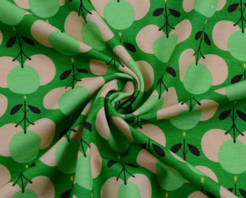 Dzianina Wiskozowa Owocowe Wzory na Zielonym Tle