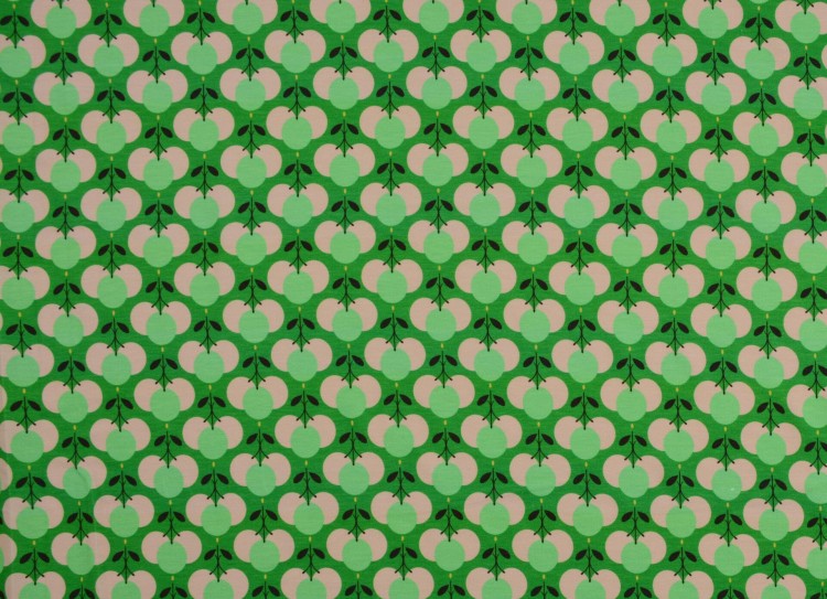 Dzianina Wiskozowa Owocowe Wzory na Zielonym Tle