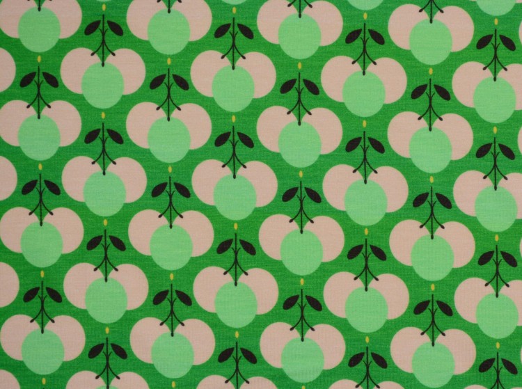 Dzianina Wiskozowa Owocowe Wzory na Zielonym Tle