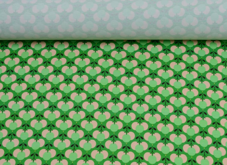 Dzianina Wiskozowa Owocowe Wzory na Zielonym Tle