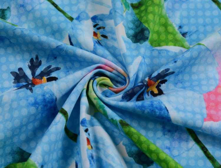 Dzianina Wiskozowa Błękitne Kwiatowe Wzory