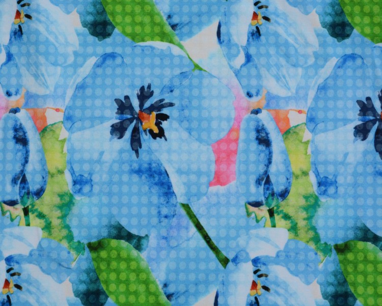 Dzianina Wiskozowa Błękitne Kwiatowe Wzory