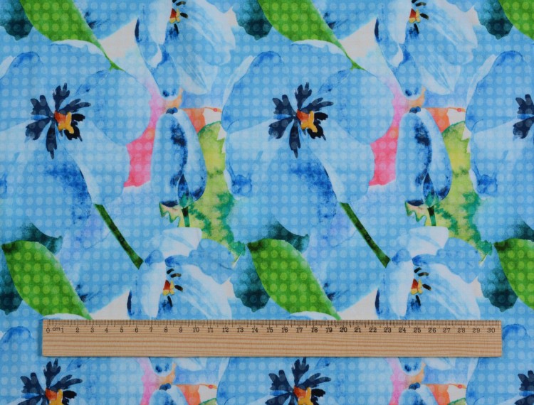 Dzianina Wiskozowa Błękitne Kwiatowe Wzory