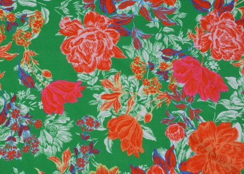 Dzianina Wiskozowa Zielona Czerwone Kwiaty