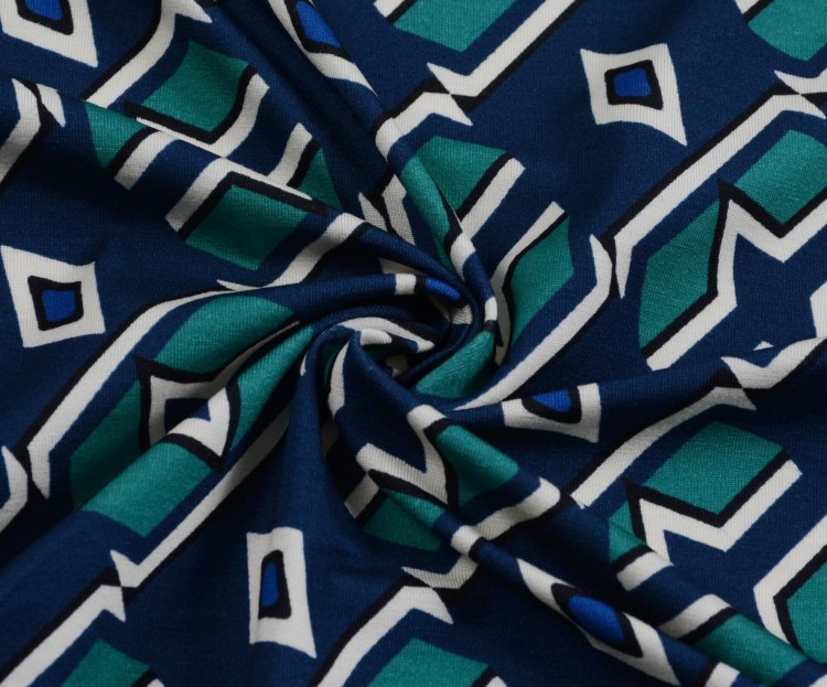 Dzianina Wiskozowa Granatowo-Szmaragdowe Geometryczne Wzory