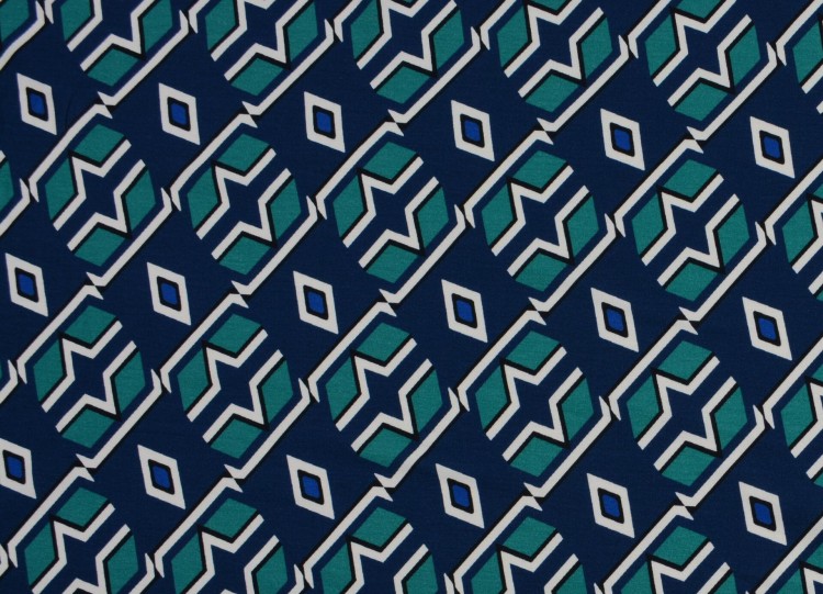 Dzianina Wiskozowa Granatowo-Szmaragdowe Geometryczne Wzory