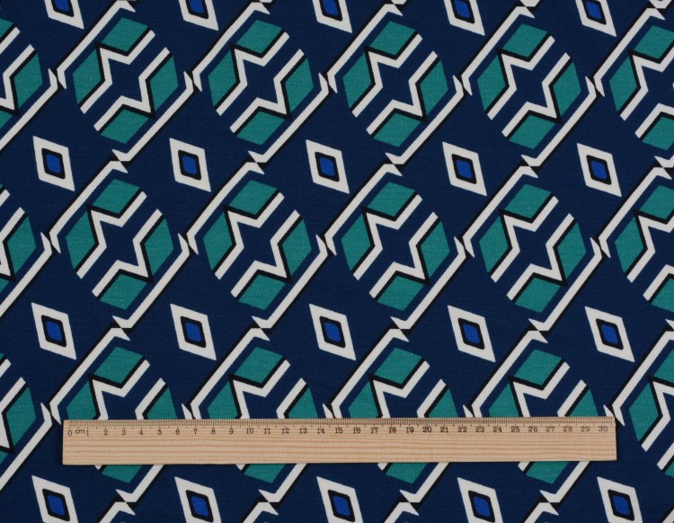 Dzianina Wiskozowa Granatowo-Szmaragdowe Geometryczne Wzory