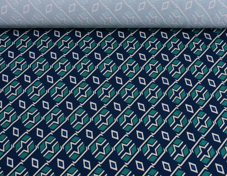 Dzianina Wiskozowa Granatowo-Szmaragdowe Geometryczne Wzory