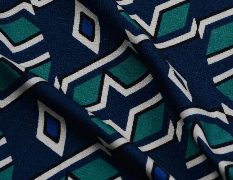 Dzianina Wiskozowa Granatowo-Szmaragdowe Geometryczne Wzory